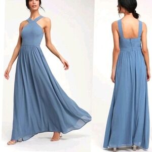Lulus Air of Romance Swiss Blue Halter Maxi Dress Small D15376 Bridesmaid Formal